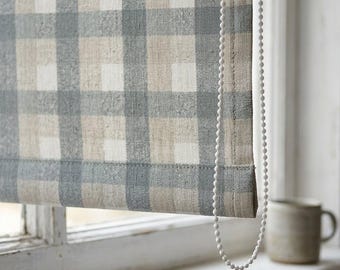 Cortinas romanas de lino a cuadros personalizadas, cortinas estilo rústico (opacas y con filtro de luz)