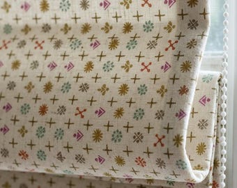 Cream Linen Roman Shade, Multicolor Mid Century Atomic Print Custom Blind, Blackout or Light Filtering Window Shade