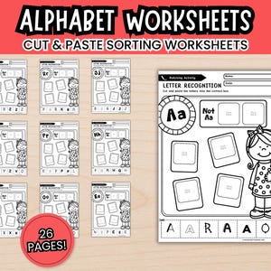 Alphabet Letter Recognition Worksheets, Kindergarten Review, ABC Sorting Activity, Preschool Kindergarten Literacy, No Prep Cut & Paste