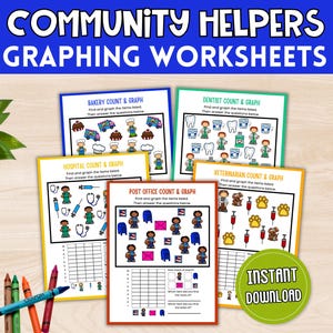 Puede incluir: Un conjunto de hojas de trabajo de gráficos coloridas para niños, con temas de la comunidad. Las hojas de trabajo incluyen temas como panadería, dentista, hospital, oficina de correos y veterinario. La imagen también incluye crayones y una planta.