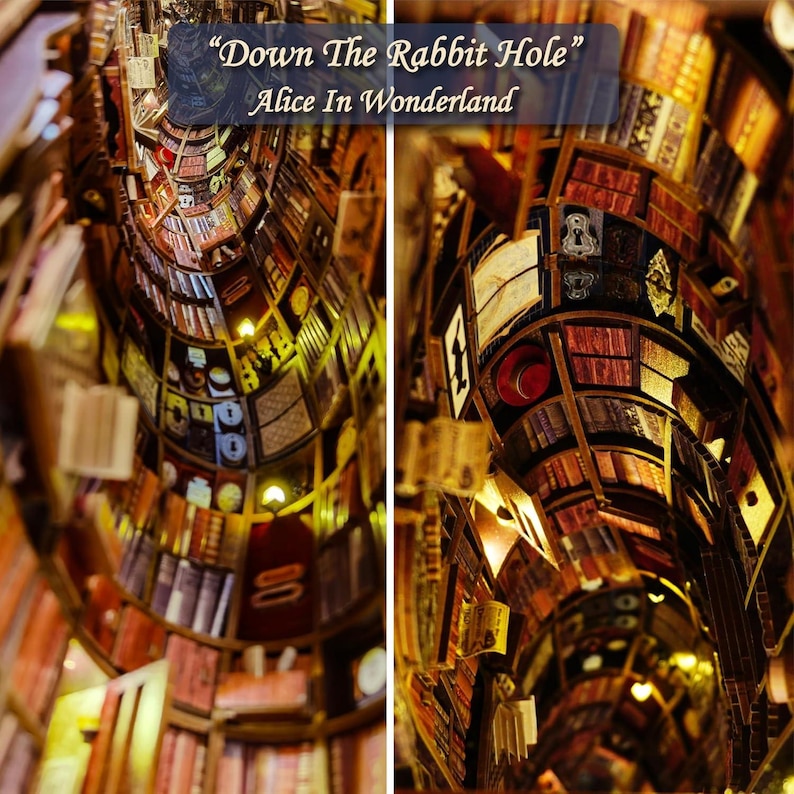 Puede incluir: Una representaci&oacute;n art&iacute;stica y detallada de un t&uacute;nel de estanter&iacute;as, con el texto "Down The Rabbit Hole" y "Alice In Wonderland" en la parte superior. Las estanter&iacute;as est&aacute;n llenas de libros y elementos decorativos, creando una escena caprichosa e inmersiva.