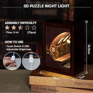 May include: A 3D puzzle night light with a dark wood frame, featuring a detailed interior scene. The assembly difficulty is rated three out of five stars, taking 2-4 hours to complete with 70 pieces. It includes a touch switch, USB, and adjustable brightness. Dimensions are 16.5cm high, 12cm wide, and 7cm deep.