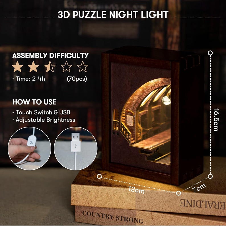 May include: A 3D puzzle night light with a dark wood frame, featuring a detailed interior scene. The assembly difficulty is rated three out of five stars, taking 2-4 hours to complete with 70 pieces. It includes a touch switch, USB, and adjustable brightness. Dimensions are 16.5cm high, 12cm wide, and 7cm deep.