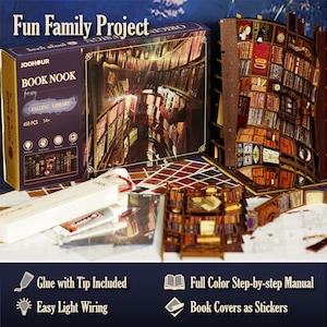 Puede incluir: Un kit de rinc&oacute;n de libros con el texto "Fun Family Project" y "Falling Library". El kit incluye 458 piezas y es para mayores de 14 a&ntilde;os. Incluye pegamento con punta, cableado de luz f&aacute;cil, un manual a color y cubiertas de libros como pegatinas.