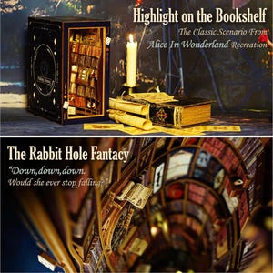 Puede incluir: Una estanter&iacute;a decorativa con una escena de biblioteca en miniatura, una vela, libros y pergaminos. El texto "Highlight on the Bookshelf" y "Alice In Wonderland Recreation" son visibles. La imagen inferior muestra un t&uacute;nel de libros con el texto "The Rabbit Hole Fantacy".
