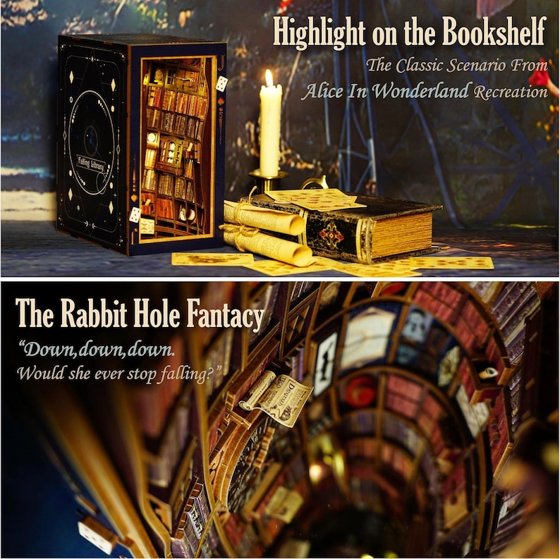 Puede incluir: Una estanter&iacute;a decorativa con una escena de biblioteca en miniatura, una vela, libros y pergaminos. El texto "Highlight on the Bookshelf" y "Alice In Wonderland Recreation" son visibles. La imagen inferior muestra un t&uacute;nel de libros con el texto "The Rabbit Hole Fantacy".