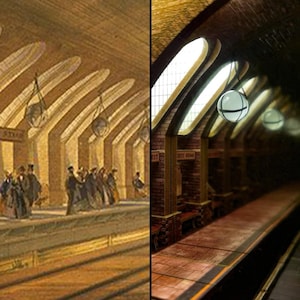 May include: A split image of a vintage subway station scene and a modern 3D rendering. The vintage side shows people on a platform with arched ceilings and hanging lights. The modern side features a brick wall, arched windows, and spherical lights.