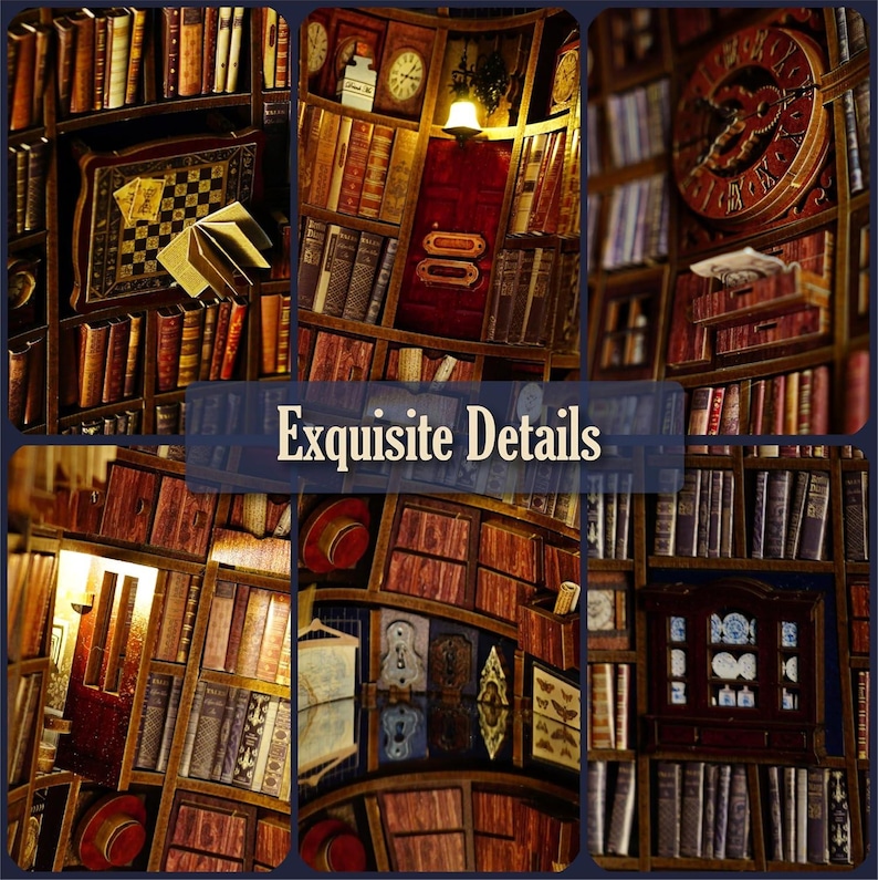 Puede incluir: Un collage de im&aacute;genes que muestra un interior de biblioteca con estanter&iacute;as de madera llenas de libros. El texto "Exquisite Details" est&aacute; superpuesto en la imagen. Los elementos decorativos incluyen relojes, sombreros y un tablero de ajedrez.