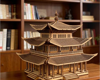 3D Wooden Pagoda Model Kit, Laser Cut Architecture Building Set, Chinese Home Decor