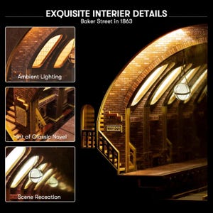 May include: A detailed model of the Baker Street underground station in 1863, featuring brickwork, arched ceilings, and ambient lighting. The model includes the text "WAY OUT" and "Baker Street". The image also shows the text "EXQUISITE INTERIER DETAILS".