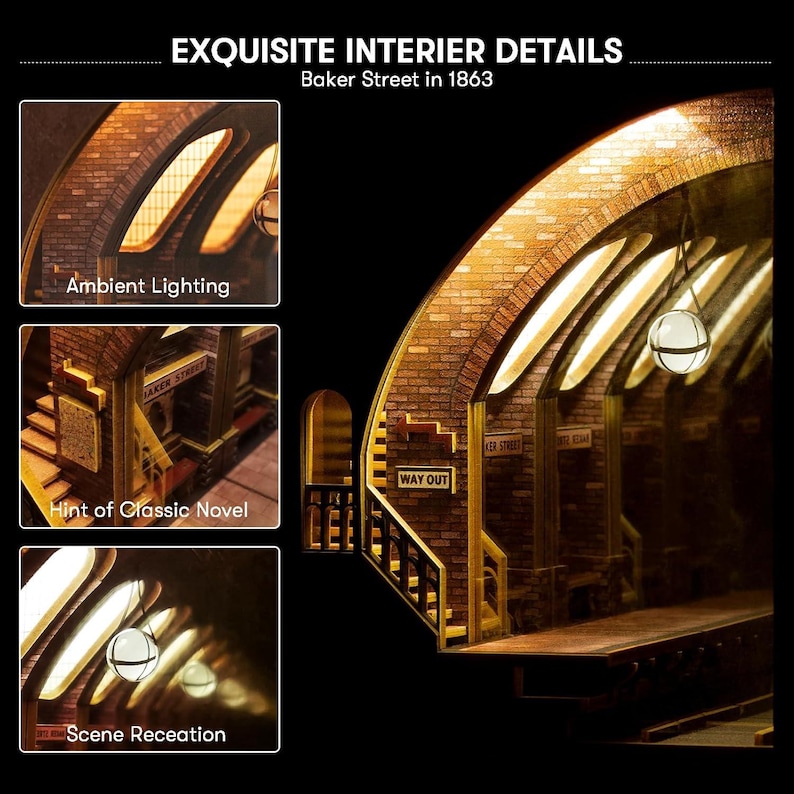 May include: A detailed model of the Baker Street underground station in 1863, featuring brickwork, arched ceilings, and ambient lighting. The model includes the text "WAY OUT" and "Baker Street". The image also shows the text "EXQUISITE INTERIER DETAILS".