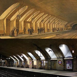 May include: A split image of the Baker Street tube station, showing a historical painting above a modern photograph. The painting depicts figures on a platform, while the photo shows the station's architecture with signage.