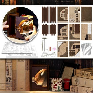 May include: A wooden DIY miniature kit of a tunnel scene with LED lights. The kit includes wooden pieces, tools, and instructions. The assembled model features a detailed interior with arched ceilings and a warm glow, perfect for home decor.