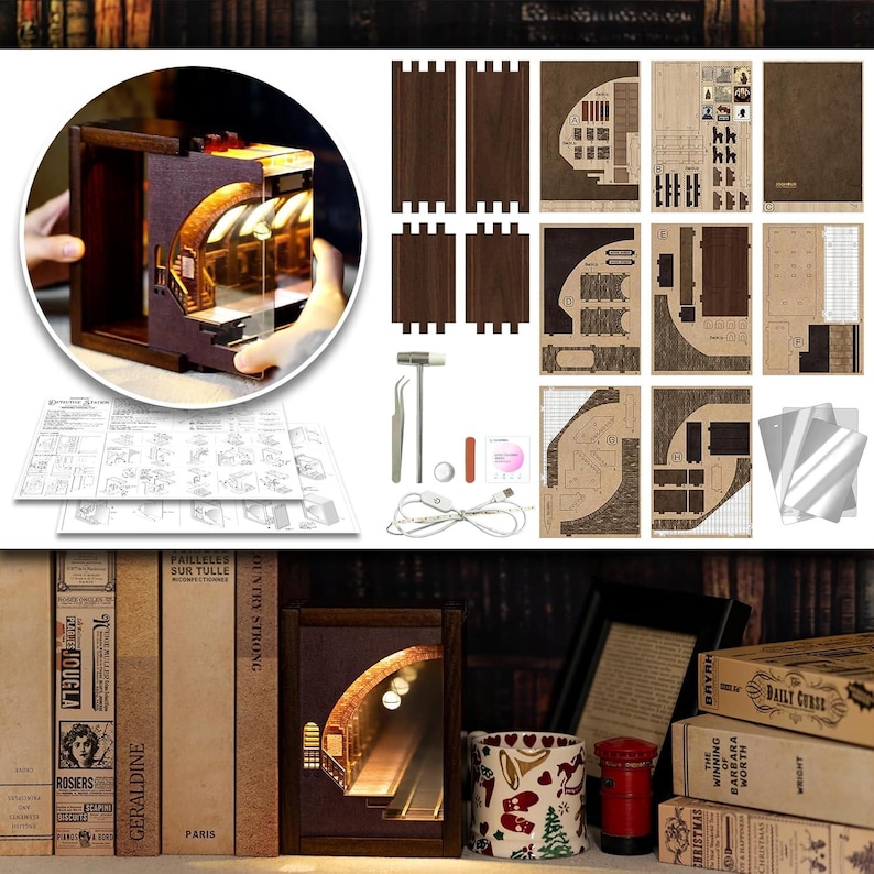 May include: A wooden DIY miniature kit of a tunnel scene with LED lights. The kit includes wooden pieces, tools, and instructions. The assembled model features a detailed interior with arched ceilings and a warm glow, perfect for home decor.