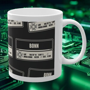 BONN Mug Tech Pattern & Coordinates | Gift for Programmers and Computer Scientists | Dark Mode Mug Sticker Look | 0228 Urban Design