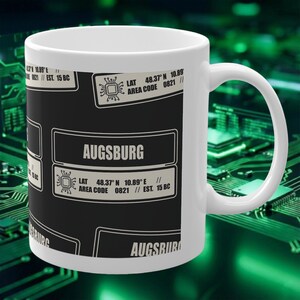 AUGSBURG Mug Tech Pattern & Coordinates | Gift for Programmers and Computer Scientists | Dark Mode Mug Sticker Look | 0821 Urban Design