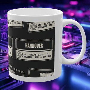 HANNOVER Mug Tech Pattern & Coordinates | Gift for Programmers and Computer Scientists | Dark Mode Mug Sticker Look | 0511 Urban Design