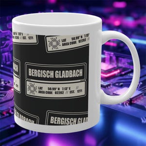 BERGISCH GLADBACH Mug Tech Pattern & Coordinates | Gift for Programmers and Computer Scientists | Dark Mode Mug Sticker Look | 02202 Urban