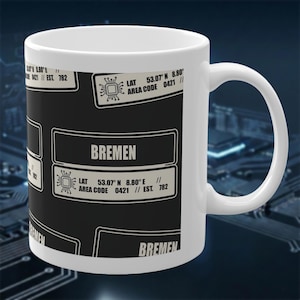 BREMEN Mug Tech Pattern & Coordinates | Gift for Programmers and Computer Scientists | Dark Mode Mug Sticker Look | 0421 Urban Design