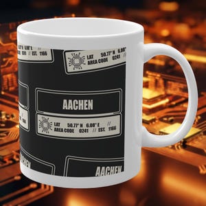 Tazza AACHEN con motivo tecnico e coordinate | Regalo per programmatori e informatici | Adesivo per tazza in modalità scura | 0241 Design urbano