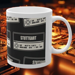 STUTTGART Mug Tech Pattern & Coordinates | Gift for Programmers and Computer Scientists | Dark Mode Mug Sticker Look | 0711 Urban Design