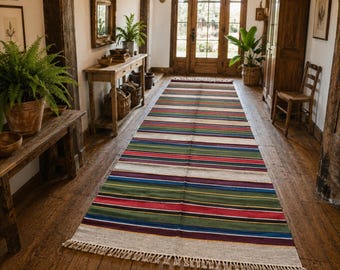 Neu mit Etikett. Vintage-Wollläufer (1982) | Authentischer handgeknüpfter Teppich aus der UdSSR | Wollkelim (4 m x 1,5 m) | Textil im Folklorestil (gestreift)