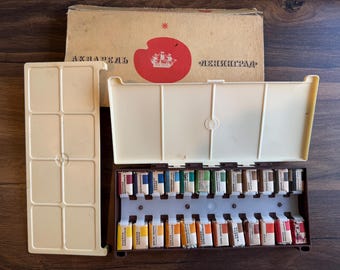 Vintage sowjetischer Leningrader Aquarellfarben-Satz, 24 Farben, UdSSR, 1970er Jahre, Künstlerbedarf, Originalverpackung, Sammlerstück