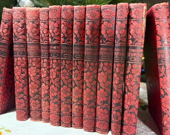 Antique 1897 Russian Book Set, 12 Volumes, Melnikov Pechersky, Red Floral Art Nouveau Bindings, M.O. Wolff Publishing, Imperial Russia Hist.