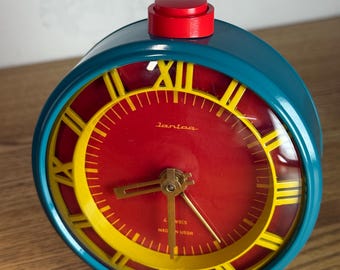 Vintage sowjetischer Wecker Jantar | Vollständig restaurierter Retro-Tischwecker in Rot und Türkis | Mid-Century Modern Dekor | Funktionierende mechanische Uhr aus den 1980er Jahren