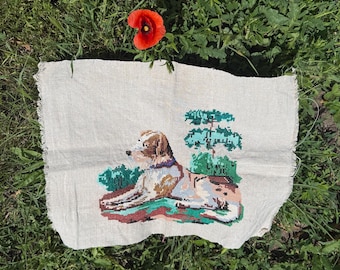 Vintage Dog Cross Stitch Linen Cloth, Primitive Needlepoint Folk Art Wall Hanging, Cottagecore Rustic Cabin Decor, Mid Century Handmade Dog