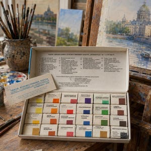 May include: A rectangular cardboard box containing twenty-four individual watercolor paint pans wrapped in beige paper with color-coded labels. The interior lid features a printed list of colors in Russian text. A small rectangular information card is included.