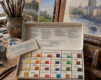 Vintage sowjetischer Aquarellkasten LENINGRAD Nr. 1 | 24 Künstler-Aquarellfarben | Künstlerbedarf aus der UdSSR | Seltener Sammler-Farbkasten