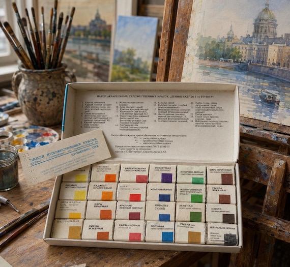 Vintage Soviet Watercolor Set LENINGRAD No.1 | 24 Artist Watercolors | USSR Art Supplies | Rare Collectible Paint Box
