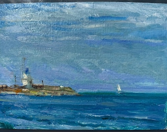 Original ukrainisches Seestück in Öl, Vitaliy Shevchenko (1927–2008), Küstenlandschaft mit Leuchtturm, Mitglied des Nationalen Künstlerverbandes