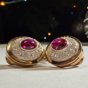 NEW Vintage Red Crystal Earrings, Gold plated, 925 Sterling Silver, Retro Glam Statement Earrings, Red corundum cubic zerconia
