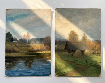Set aus 2 Original-Ölgemälden von 1986 auf Holzplatte, 37 x 25 cm, authentische sowjetische Landschaftsmotive, Holzhütte und Flusslandschaft