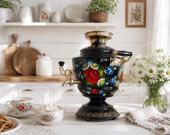 Vintage Tula Electric Samovar USSR Hand Painted Petrykivka Folk Art Floral Tea Urn