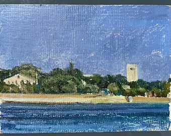Originales ukrainisches Landschaftsgemälde in Öl von Vitaliy Shevchenko – Vintage-Küstendorf-Kunst, impressionistische Flusslandschaft, Sammlerstück aus der Sowjetunion