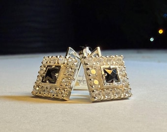 Vintage-Ohrringe aus 925er Sterlingsilber mit quadratischem Halo-Design, besetzt mit schwarzem Zirkonia und funkelnden Zirkonia, geometrischer Art-déco-Stil, Schmuckmanufaktur Charkiw