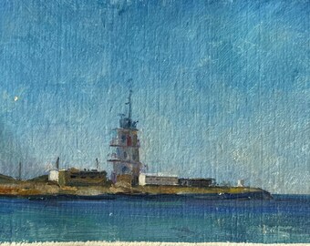 Originales Ölgemälde „Leuchtturm-Meereslandschaft“ von Vitaliy Shevchenko, ukrainischer impressionistischer Stil, Vintage-Wanddekoration im maritimen Stil, kleines Meeresgemälde