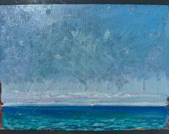 Originales ukrainisches Seestück in Öl, Vitaliy Shevchenko (1927–2008), Vintage-Landschaft mit Meer und Himmel, 35 x 25 cm