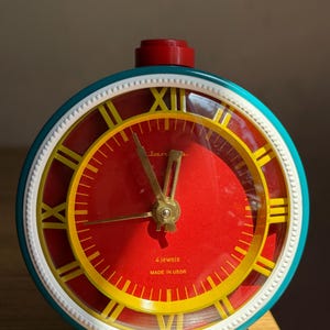 Vintage Soviet Alarm Clock Jantar | Fully Restored Retro Red & Teal Desk Clock | Mid-Century Modern Decor | Working Mechanical Clock 1980s
