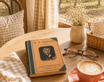 Russisches Antiquariat von 1918 – Krylow-Fabeln – Vintage-Buch in kyrillischer Schrift – Dekoration aus der Sowjetzeit – Seltene russische Literatur – Ästhetik alter Bücher