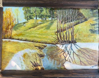 Vintage-Ölgemälde aus der Sowjetunion der 1960er Jahre, signiert S. Osadko, Original-Landschaftsmalerei mit Fluss und Bäumen, gerahmte ukrainische Kunst, rustikale Wanddekoration