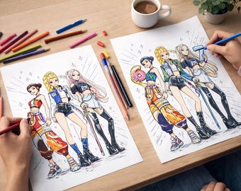 Pagine da colorare di anime K-Pop – Attività di fan art stampabile (PDF da scaricare da 2 pagine)
