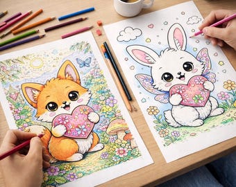 Pagine da colorare di animali kawaii: 5 fogli di anime (download digitale)