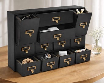 Vintage 12-Drawer Wooden Apothecary Cabinet – Black Desk Organizer for Home Office