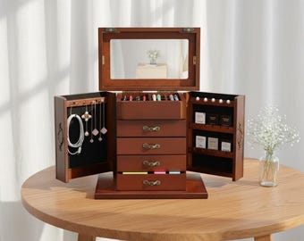 Wooden Jewelry Box with 4 Drawers, Desktop Organizer