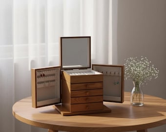 Wooden Jewelry Box Organizer, 5 Tier with Mirror and Drawers