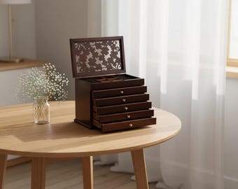 Vintage Wooden Jewelry Organizer, 6 Tier Storage Box for Rings
